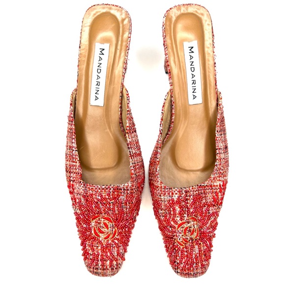 Mandarina Limited Edition Red Tweed Kitten Heel Mules –Beaded Embroidery, Size 8 - Picture 3 of 9
